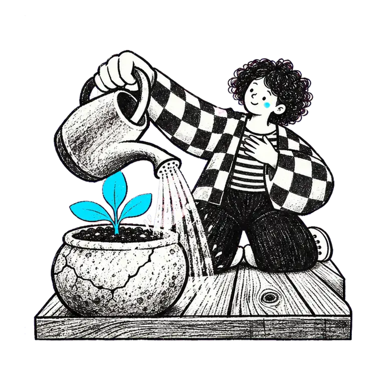 A woman kneels on a wooden platform, watering a small sprout, one hand resting on her chest.