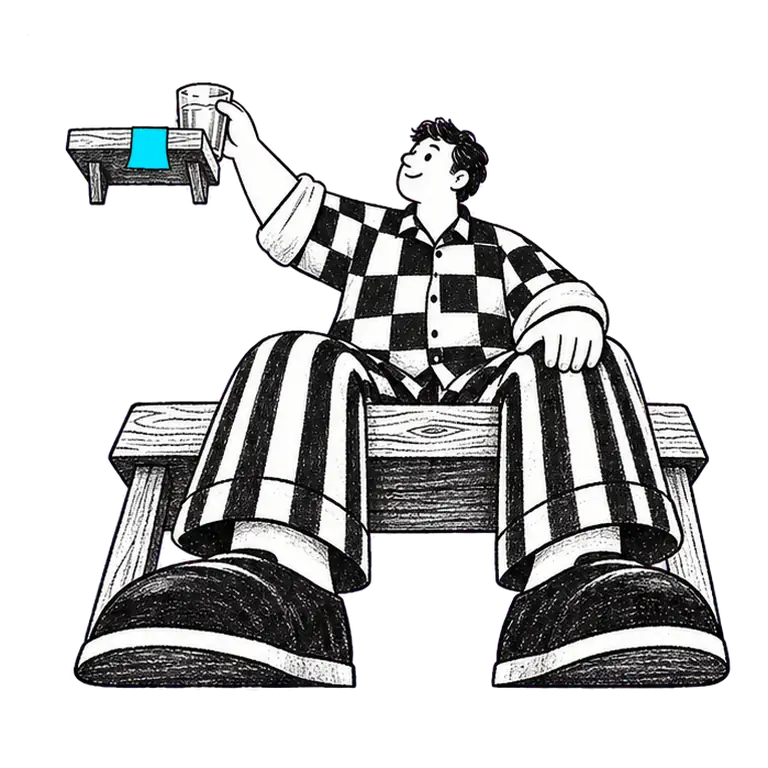A man in a checked shirt sits on a wooden bench, takes a glass from a shelf with a sticky note, drinks and puts it back.