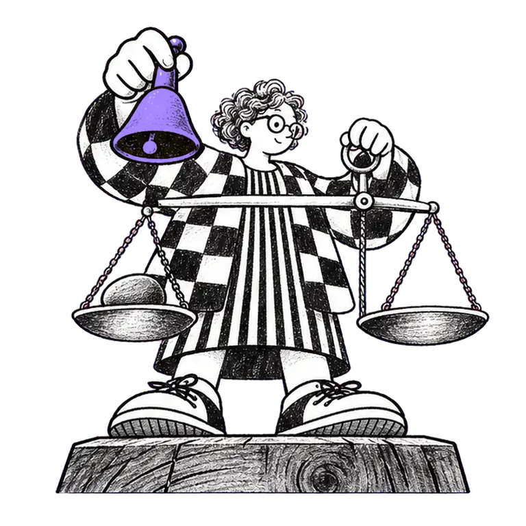 A grey-haired woman in a checked cardigan lowers a small bell into one pan of a hand scale that stays level.