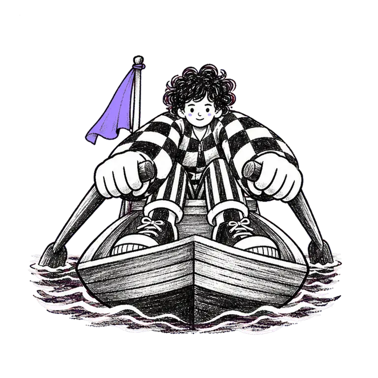 A teenager in a checked jacket rows a small wooden boat on rippled water, a limp flag on a short mast behind them.