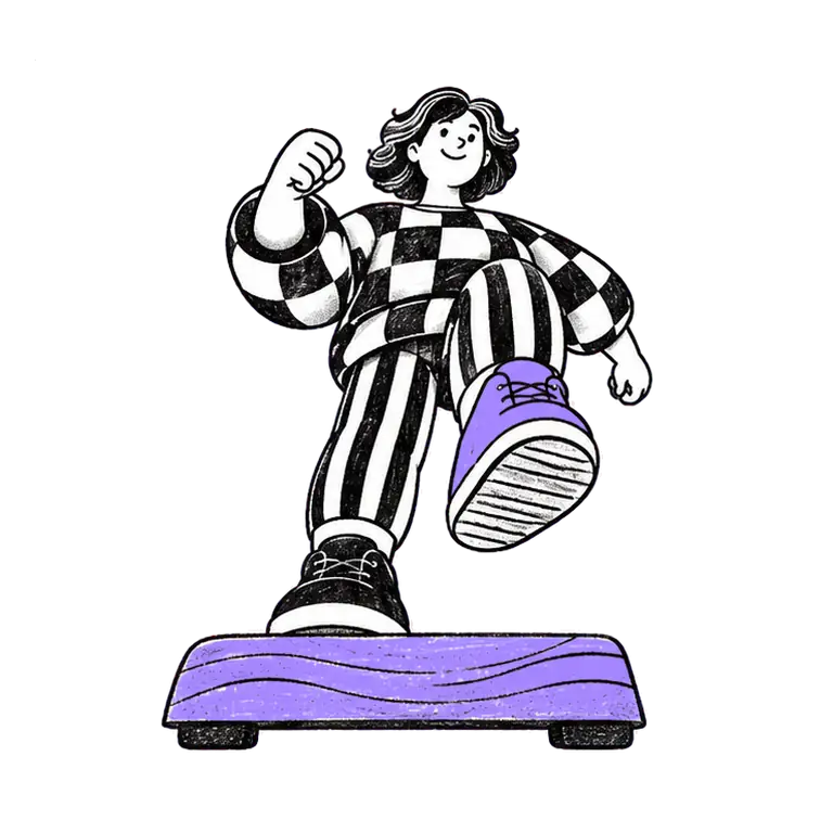A smiling woman in a checked top and striped leggings marches in place on a small low wooden exercise step.