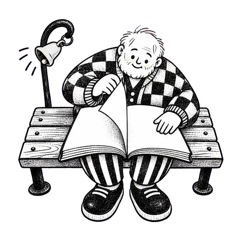 An older man in a checked cardigan sits on a bench turning the pages of a big open book as a small bell swings beside him.