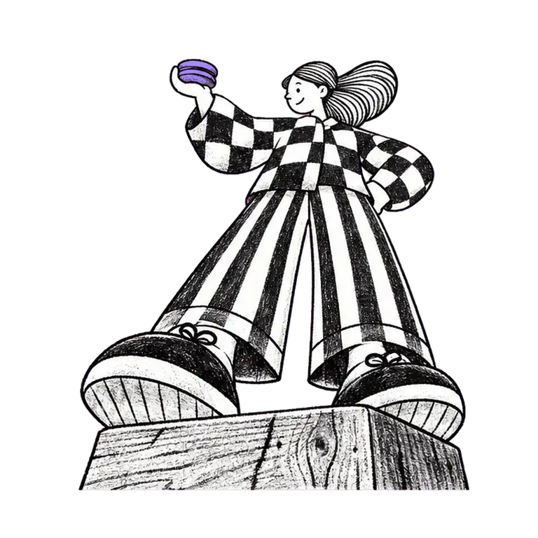 Seen from below, a woman in a checked jacket on a wooden block throws a yo-yo down and it climbs back to her hand.
