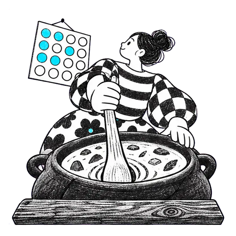 A woman kneels stirring a big clay pot, glancing up at a wall chart of round dots, some filled in.