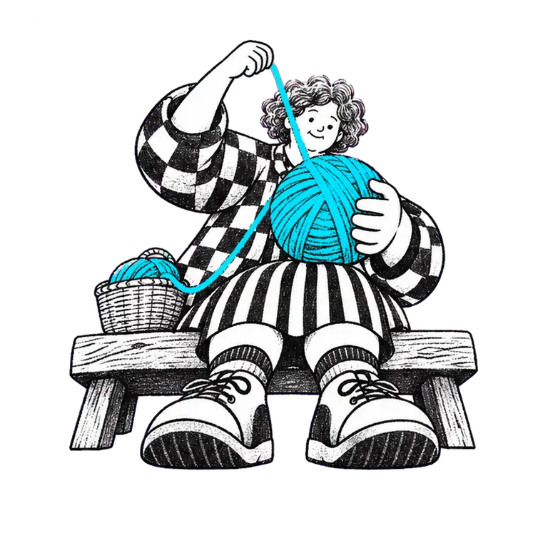 A smiling grey-haired woman in a checked cardigan sits on a wooden bench, winding yarn from a basket onto a big ball.