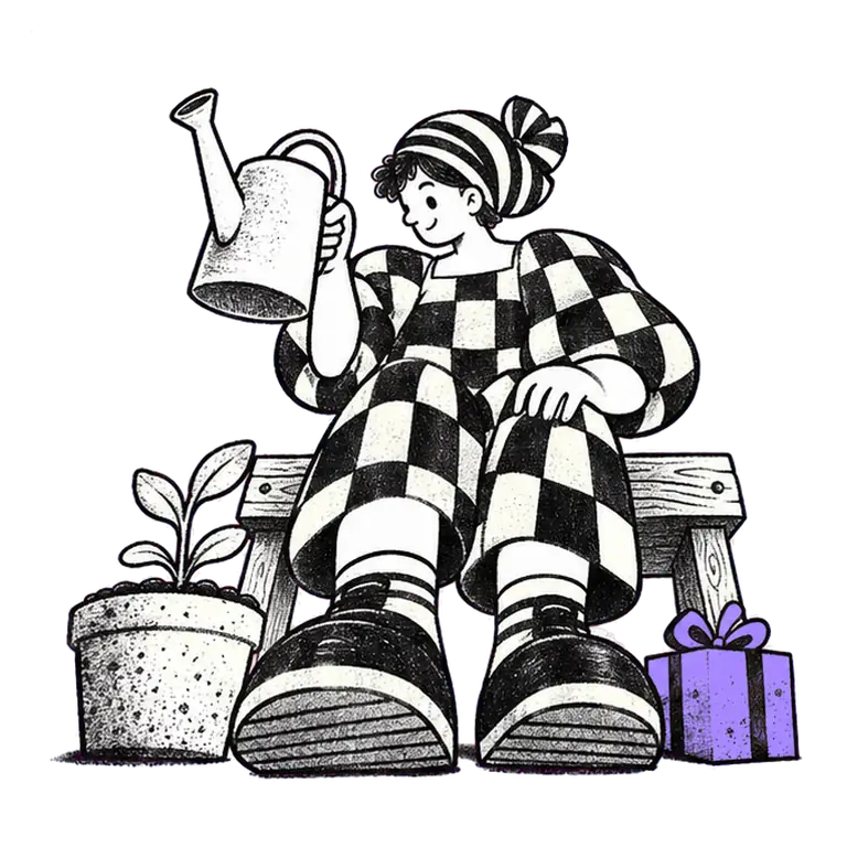A smiling woman in a checked outfit sits on a bench, pouring water from a can onto a small sprout beside a wrapped gift.