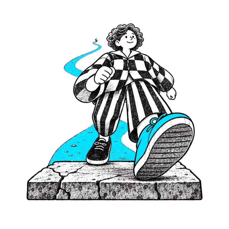 A woman in a checked jacket and striped trousers walks briskly on a stone slab, a winding path behind her.