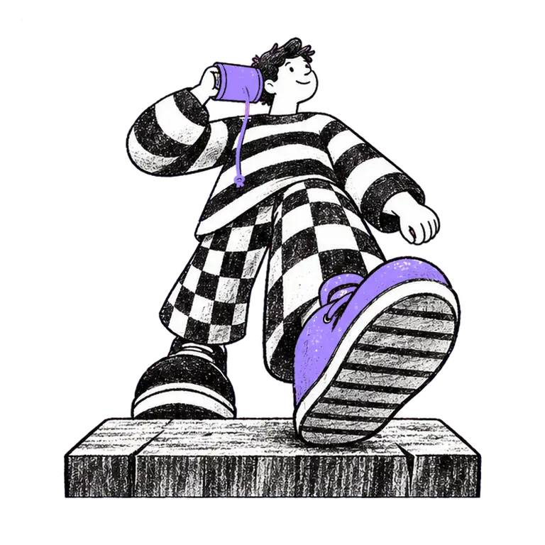 A man in a striped jumper walks in place on a wooden block, holding a tin-can telephone to his ear and smiling.