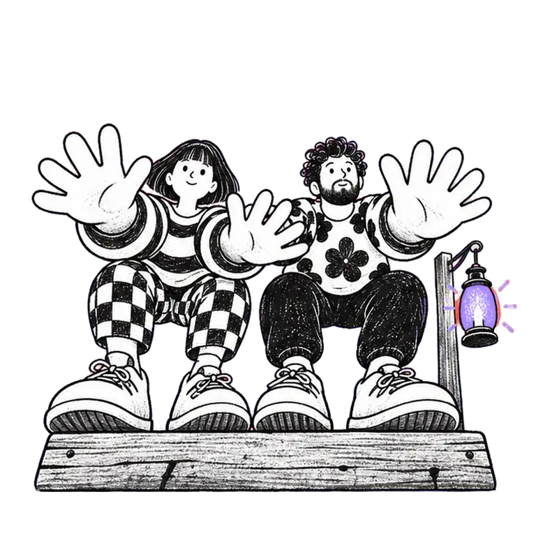 Two adults side by side on a wooden platform squat and stretch in sync, a glowing lantern on a post beside one of them.