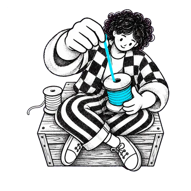 A young woman in a checked jacket sits cross-legged on a wooden crate, winding thread onto a spool beside a second spool.
