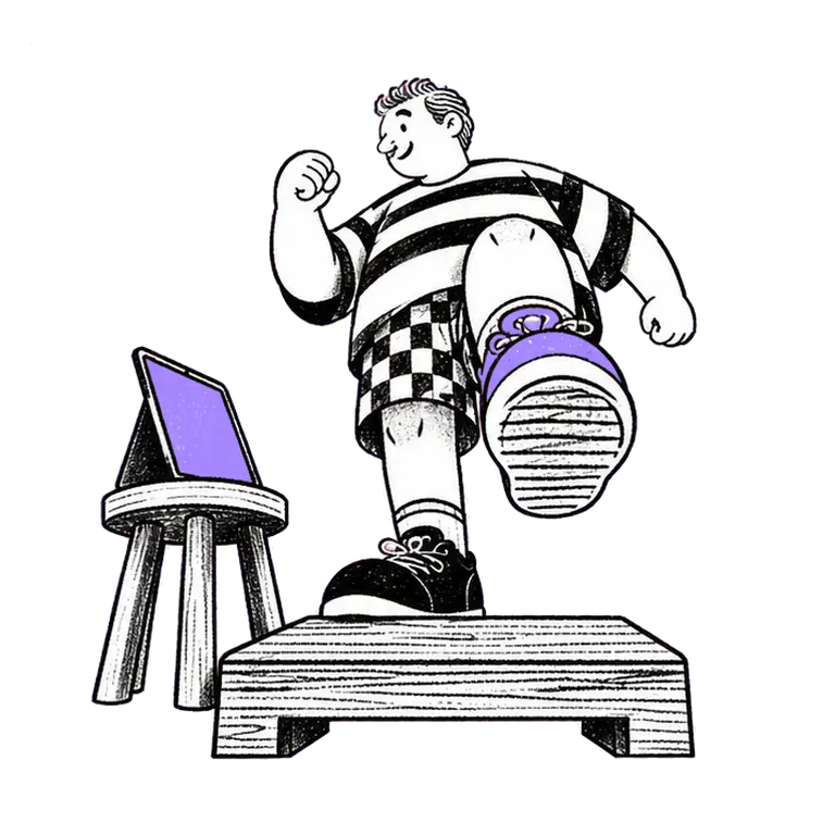 A man in a striped T-shirt marches in place on a wooden exercise step beside a tablet glowing on a stool.