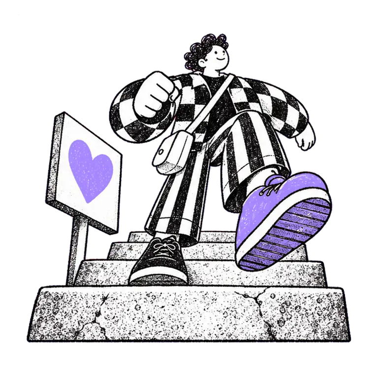 A smiling man in a checked coat climbs stone steps beside a sign with a heart on it.