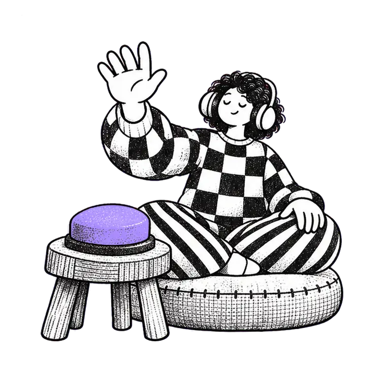 A calm person in headphones sits cross-legged on a cushion, tapping a big round button on a small stool beside them.