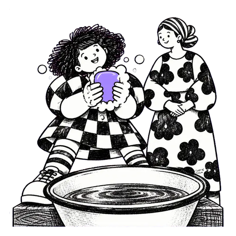 A smiling girl lathers a bar of soap over a basin of water while a woman stands beside her with hands clasped.