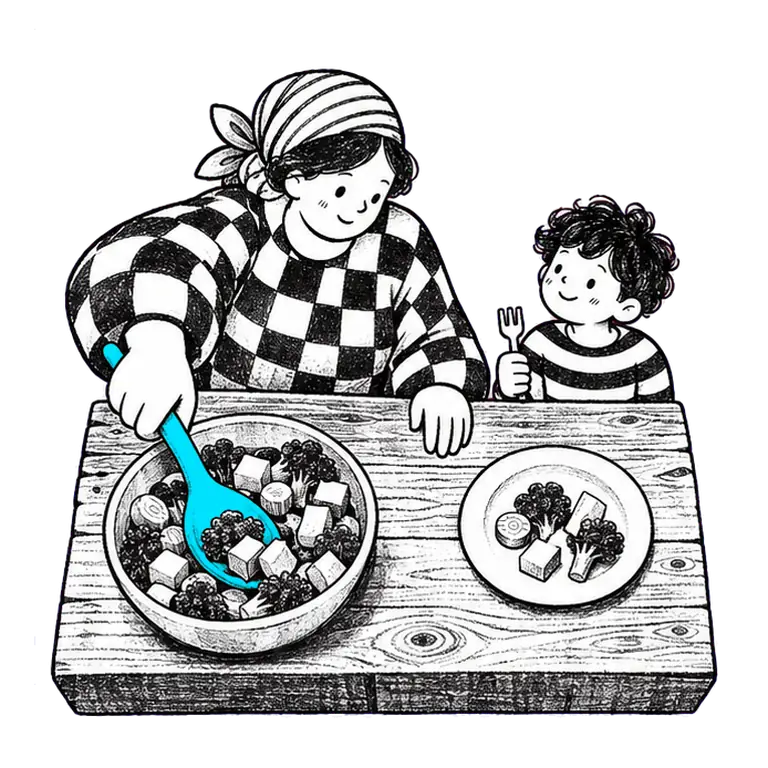 A mother at a wooden table scoops vegetables from a bowl onto her young son's plate while he watches with a fork.
