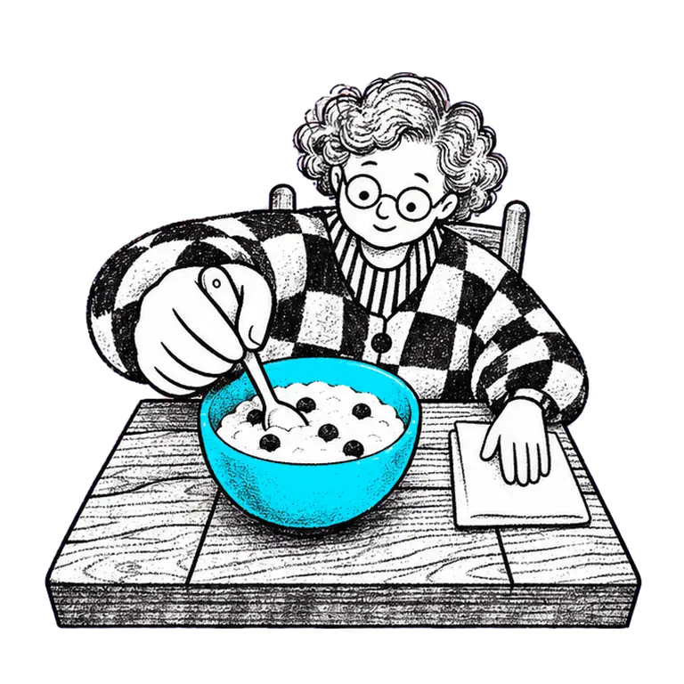 An older woman in a checked cardigan calmly eats porridge from a bowl at a wooden table, one spoonful after another.