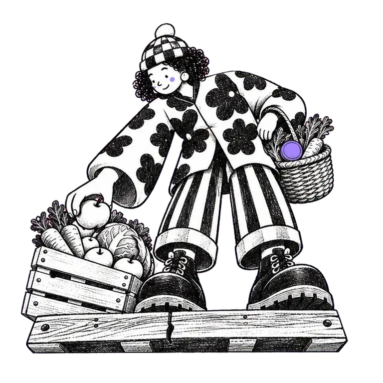 A shopper moves apples from a crate into her basket, with a small coin in the basket.
