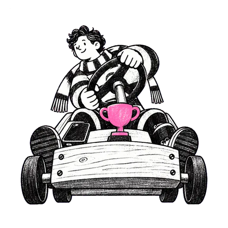 A man in a striped jumper and scarf steers a wooden go-kart, a small trophy on its nose and a phone face down beside him.