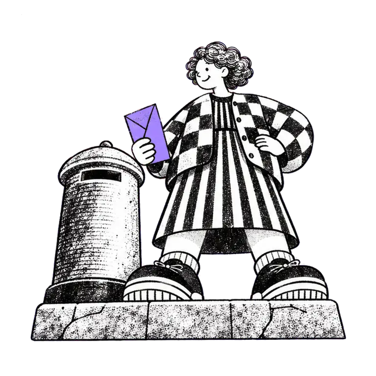 A smiling woman in a checked cardigan stands on a stone step and posts an envelope into a post box beside her, over and over.