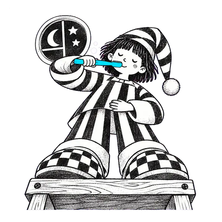 A sleepy girl in striped pyjamas and nightcap stands on a wooden stool brushing her teeth under a moonlit window.
