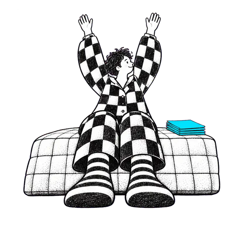 Person in checked pyjamas sitting on a bed edge, stretching arms up and down, a small stack of folded papers beside them