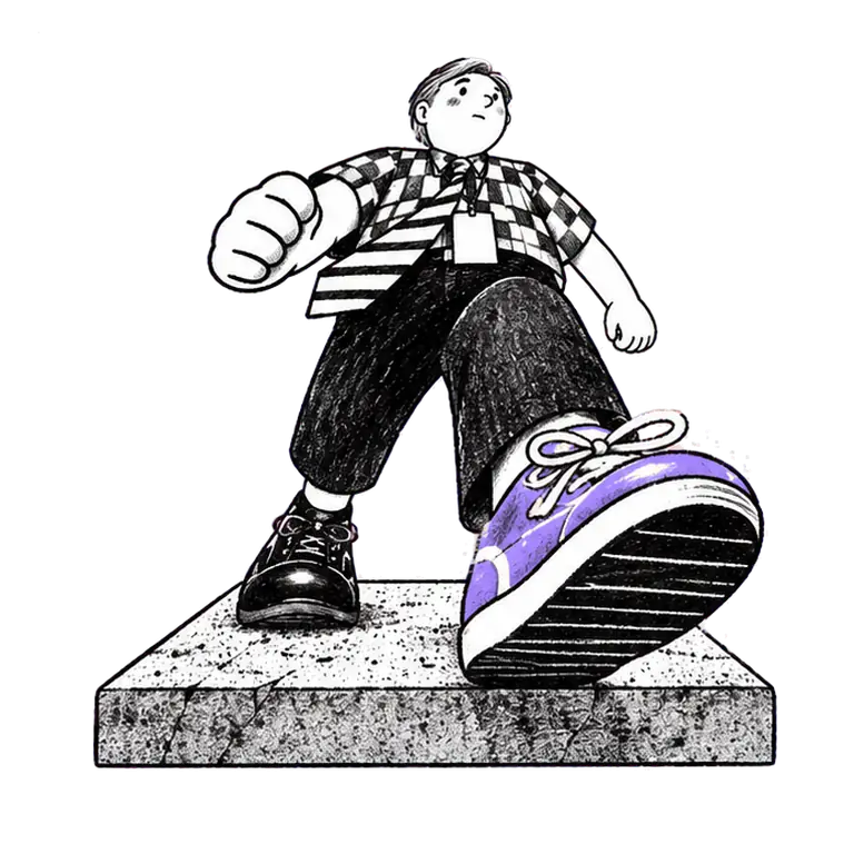 An office worker walks in place on a doorstep, one running shoe and one office shoe.