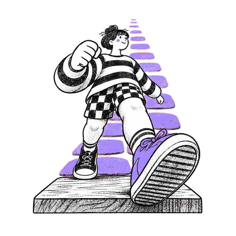 Low-angle view of a woman in a striped sweatshirt walking in place before a long path of stepping stones
