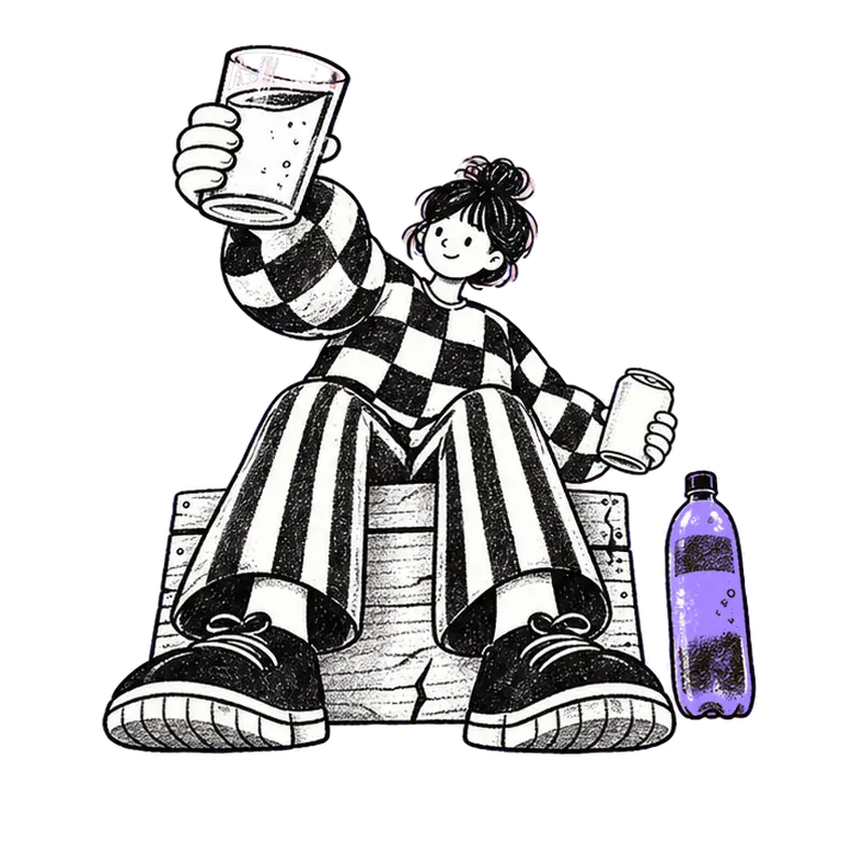 A woman on a wooden crate lifts a glass of water and a can in turn, a capped soda bottle set aside on the floor.
