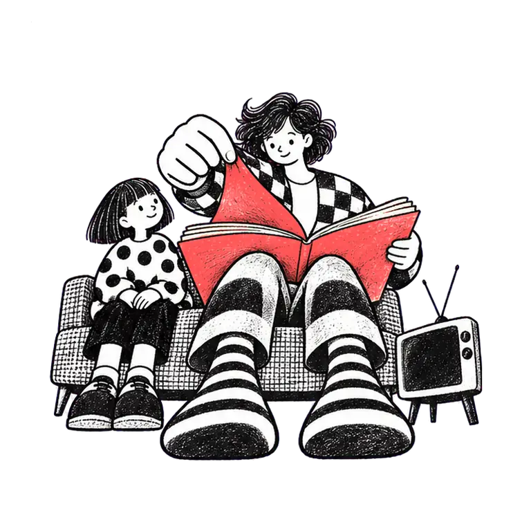 A parent on a sofa turns pages of a big picture book beside a young child, a switched-off TV on the floor nearby.