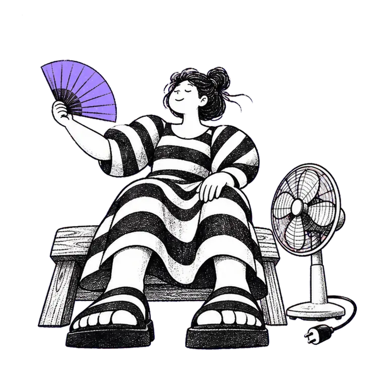 A woman in a striped dress sits on a wooden bench waving a folding hand fan beside an unplugged electric fan.