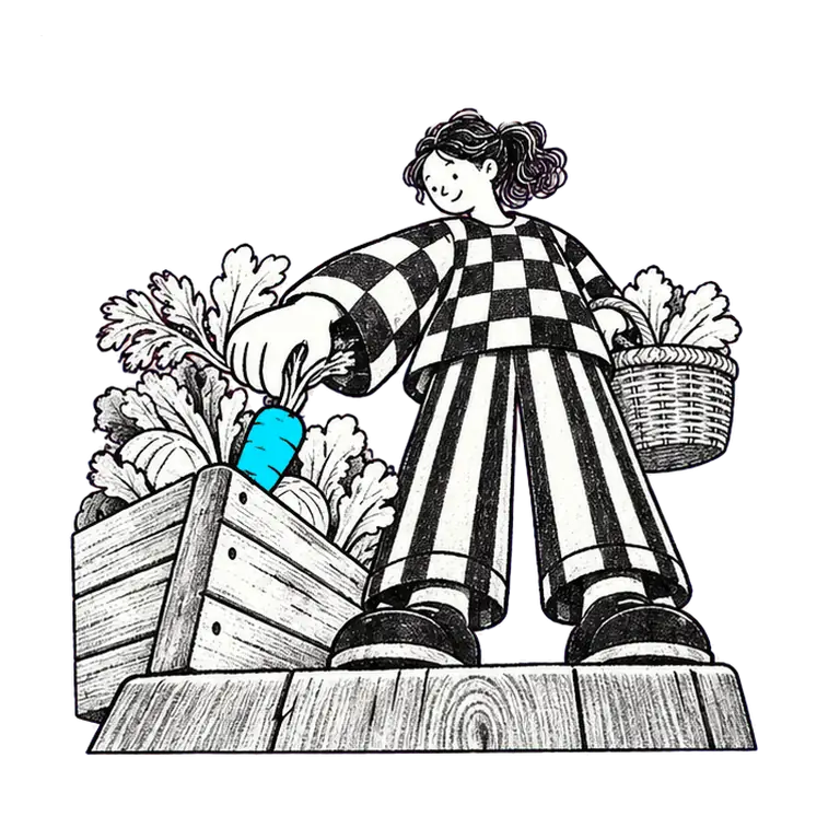A woman in a checked top lifts a carrot from a vegetable crate and places it in the basket on her arm.