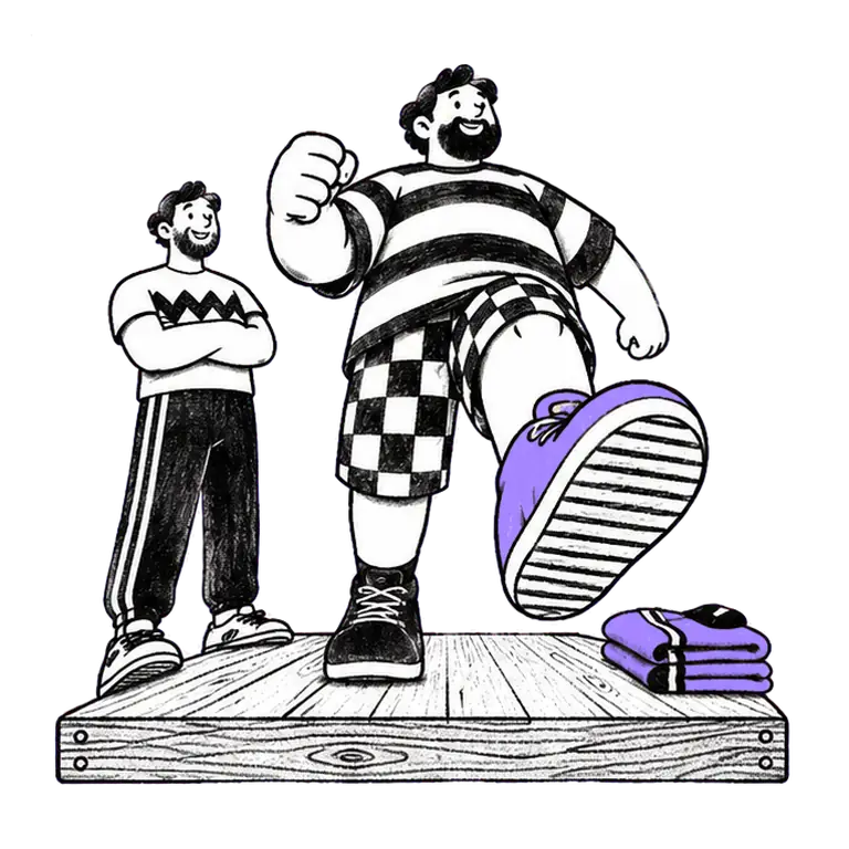 A bearded man in a striped shirt marches on a wooden platform while a coach watches beside folded gym clothes.