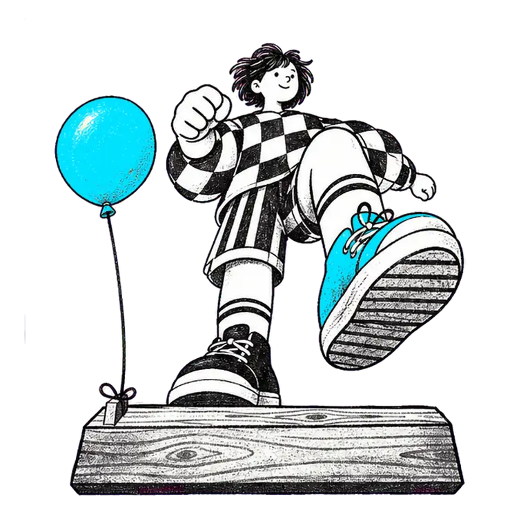 A student in a checked top marches in place on a wooden exercise step, a balloon tied to the step beside them.