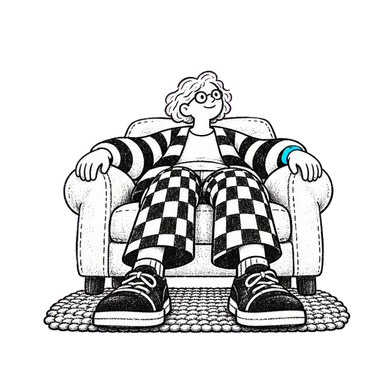 Older woman in a striped cardigan rises from an armchair, stretches her arms up and sits back down, a wristband on her wrist.