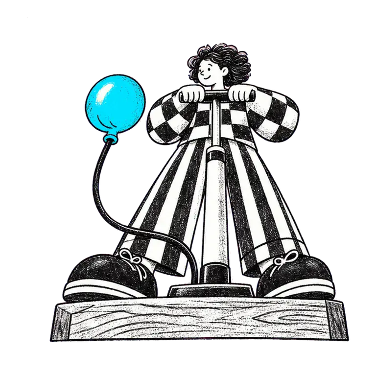 A woman in a checked jumper stands on a wooden block working a hand pump that inflates a balloon, which then deflates.