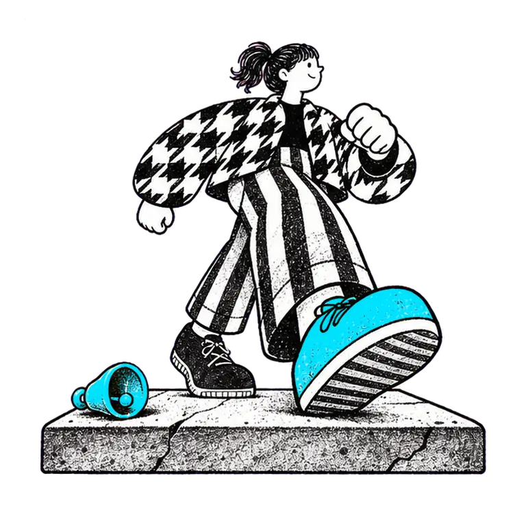 A woman in a houndstooth jacket and striped trousers walks in place on a stone slab, a small bell lying beside her feet.