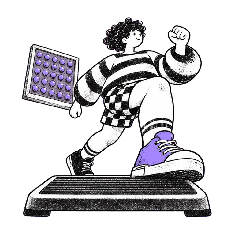 A curly-haired woman in a striped sweatshirt does step-ups on an exercise step beside a board full of pins.