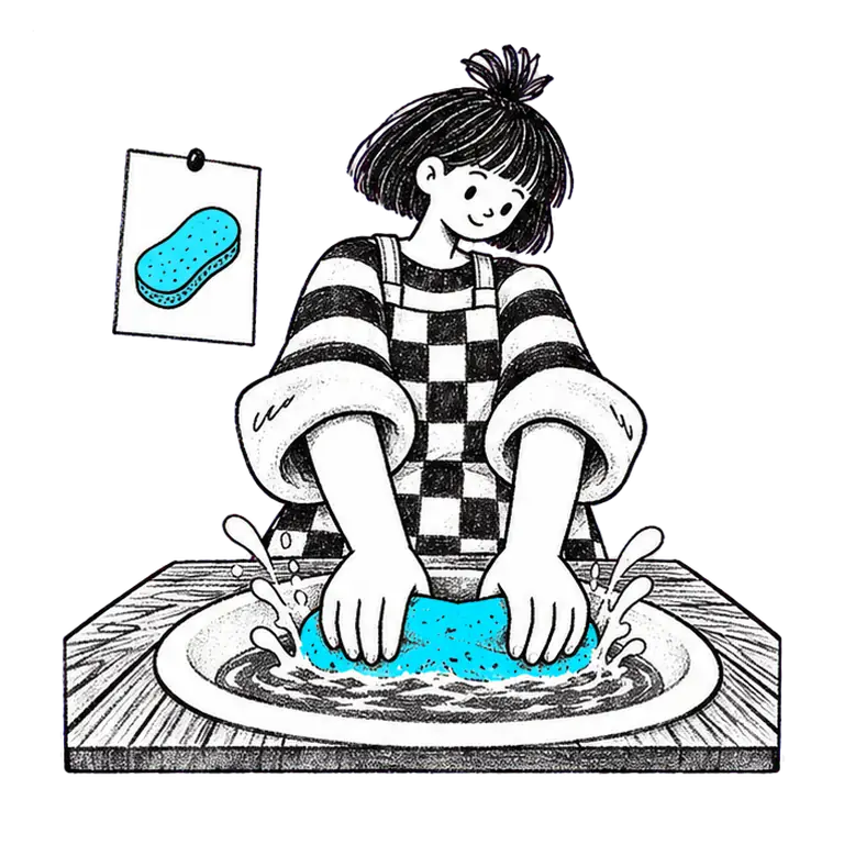 A young woman in a checked apron dips a sponge in a basin and wrings it out, a sponge picture pinned on the wall.