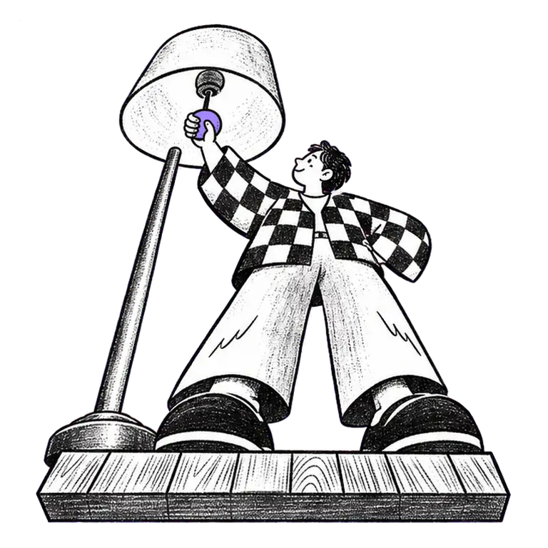 An adult in a checked cardigan reaches up and pulls the cord of a tall floor lamp, then lets it spring back.