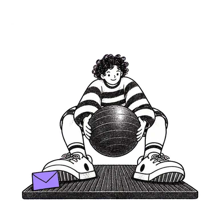 A student in a striped top squats and lifts a heavy ball overhead on a mat, with a small envelope by their feet.