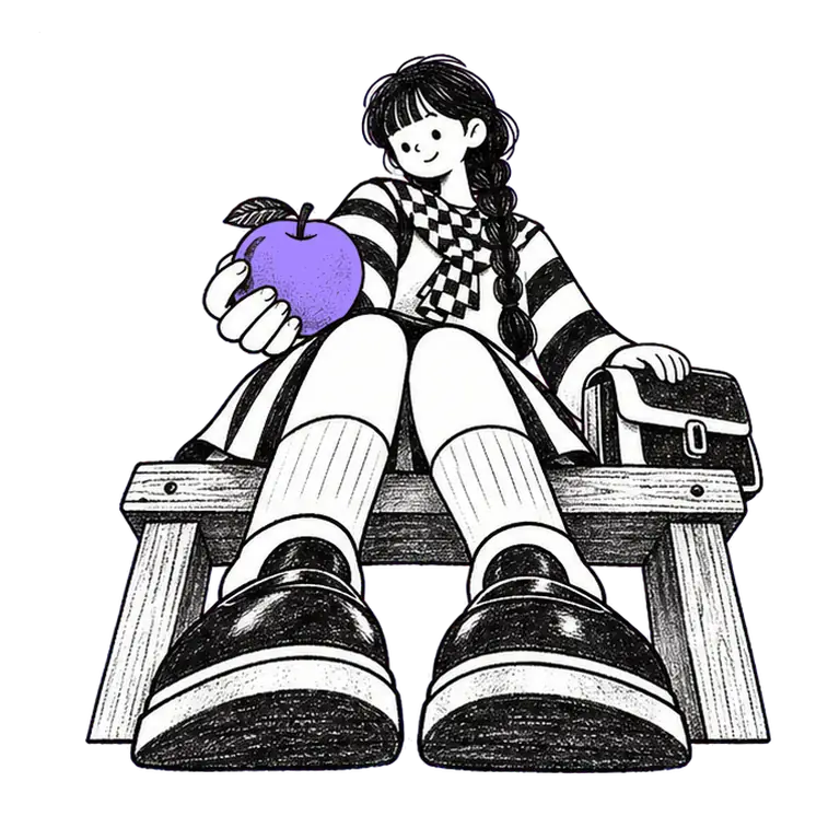 A teenage girl in a striped school uniform sits on a wooden bench by her satchel, raising an apple to take a bite.