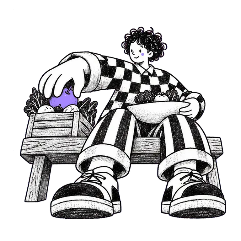 A young person in a checked shirt sits on a bench, lifting an apple from a crate of produce into a bowl on their lap.