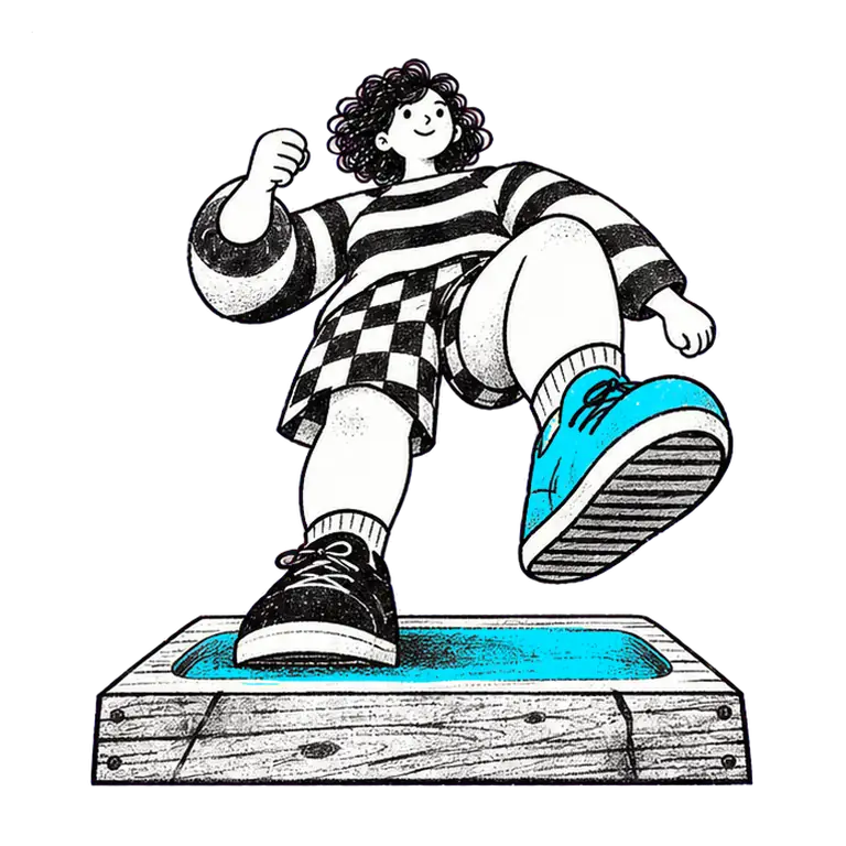 A smiling woman in a striped top marches in place on a wooden step, her feet landing in a worn groove.