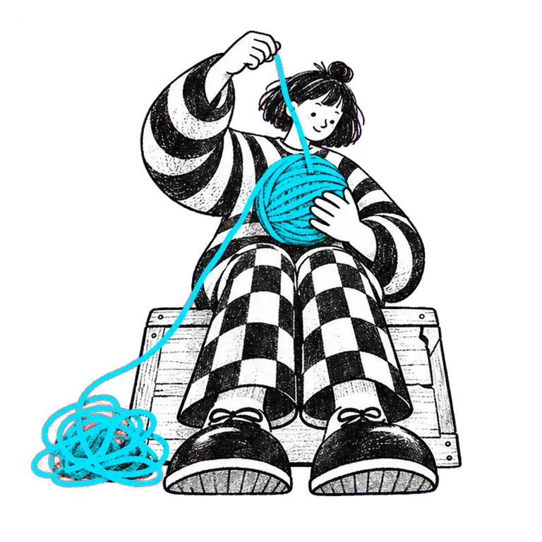 A calm woman in a striped sweater sits on a wooden crate, winding yellow yarn from a tangle onto a ball.