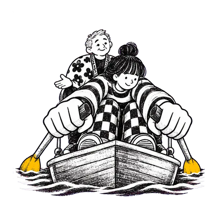 A woman in a striped jumper rows a small wooden boat while an older man in a floral cardigan sits behind her, gesturing kindly.