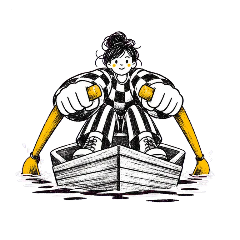 A young woman in a checked jumper rows a small wooden boat toward the viewer, oars dipping and lifting from the water.