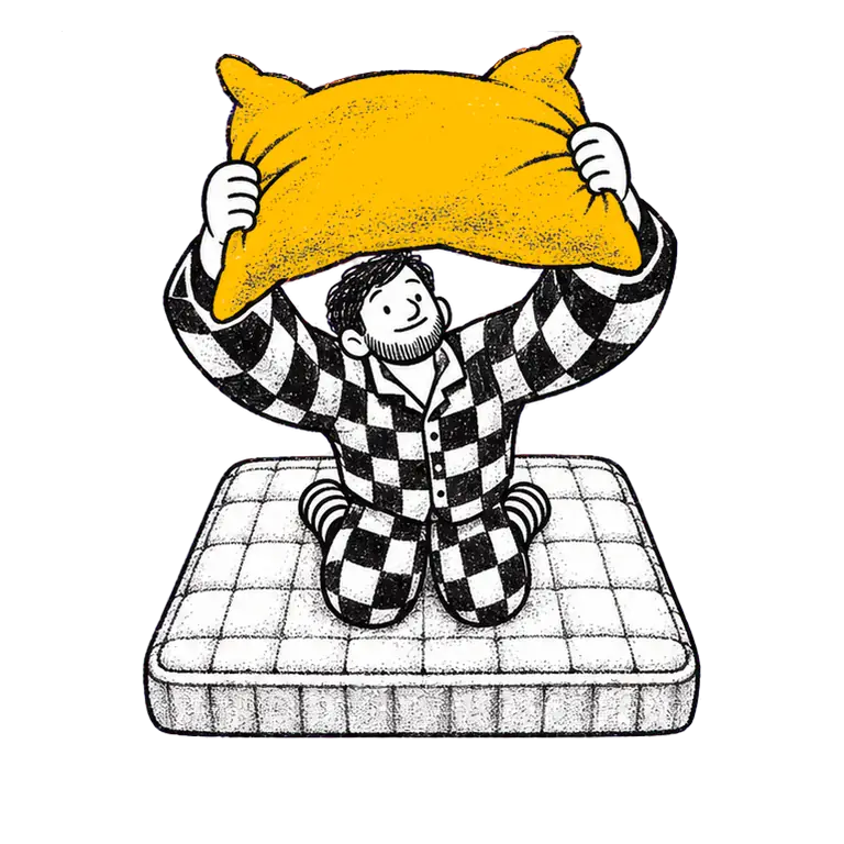 A man in checked pyjamas kneels on a mattress, lifting a pillow overhead, pressing it down and fluffing it again.