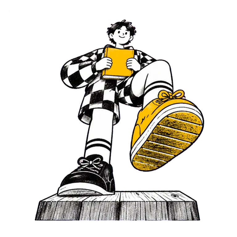 A smiling student in a checked tracksuit marches in place on a wooden block, holding a closed book to his chest.