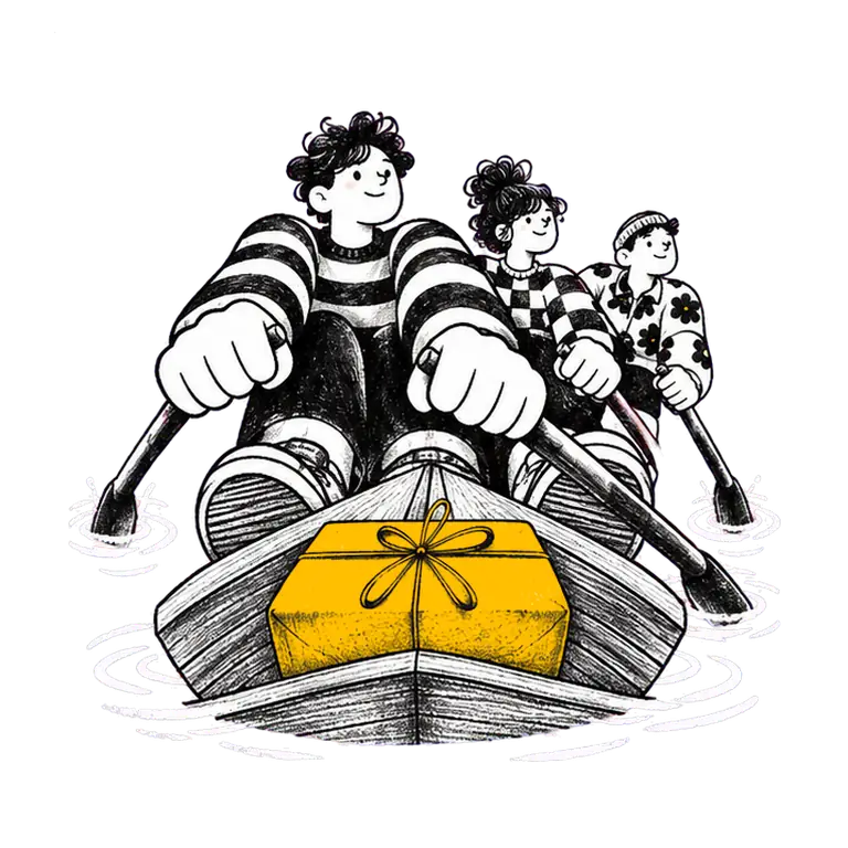 Three students in patterned clothes row a wooden boat in unison, a wrapped parcel tied with string at the bow.