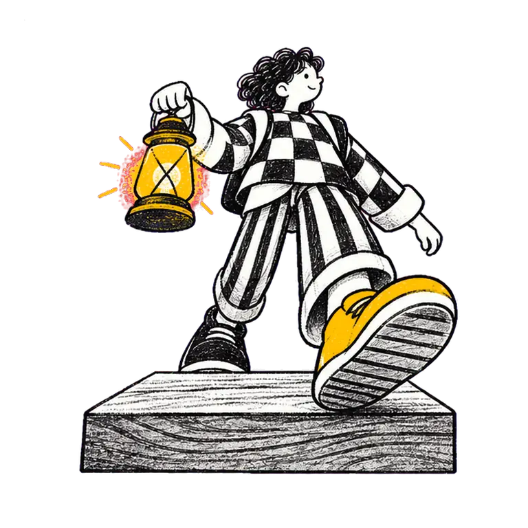 A student in a checked jacket and striped trousers walks on a wooden step, holding a glowing lantern out in front.